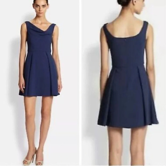 Black Halo Asymmetrical Draped Neckline Fit and Flare Navy Blue Dress Size 8 - Picture 1 of 9